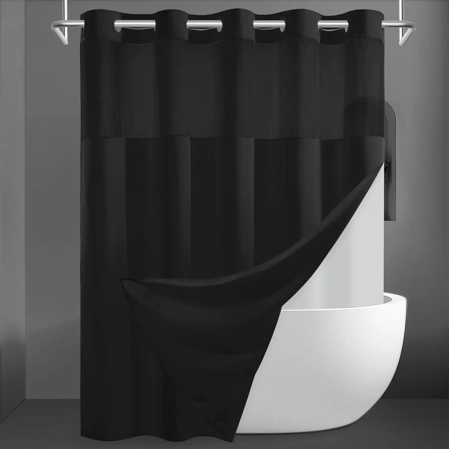 

No Hook Slub Textured Shower Curtain with Snap Liner, Black Outer & Waterproof Inner, See-Through Top Window, 71x74 in