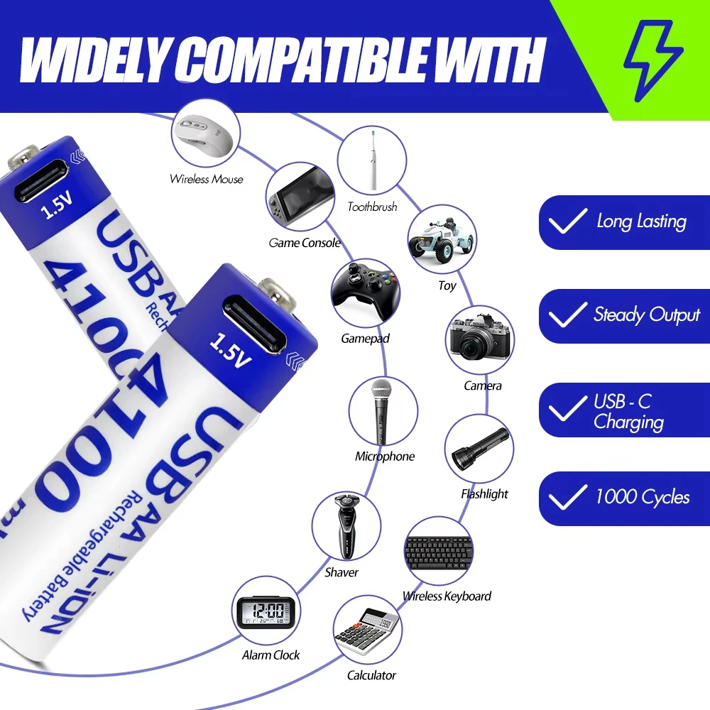 1-20Pcs 1.5V AA 4100mWh Type-C Rechargeable Lithium Battery for Hunting Camera Remote Control Mouse Smart Door Lock Microphone