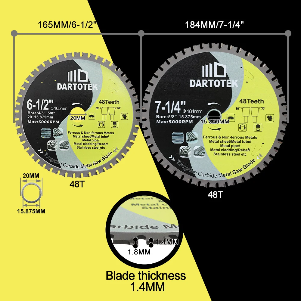 DARTOTEK Dia165/184mm Cutting Iron Disc 1/2Pcs 48T Hard Alloy Circular Saw Blade For Cutting Metal Plates Steel Bars Disc Cutter