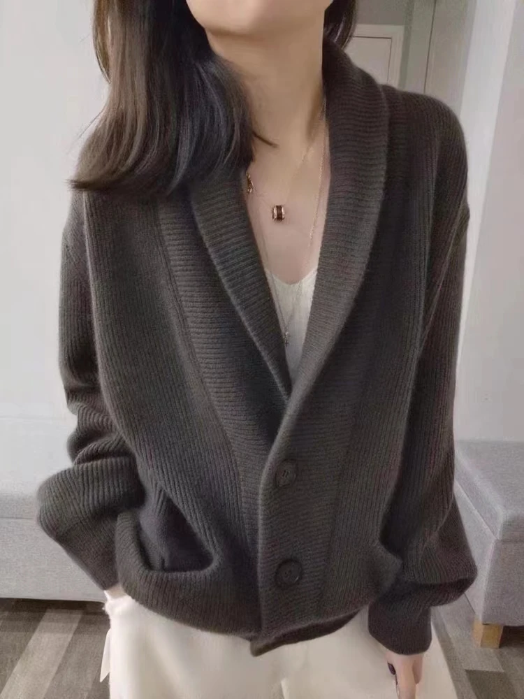 Lazy style pure cashmere cardigan women's knitted V-neck sweater coat 2024 autumn and winter new model slim and soft