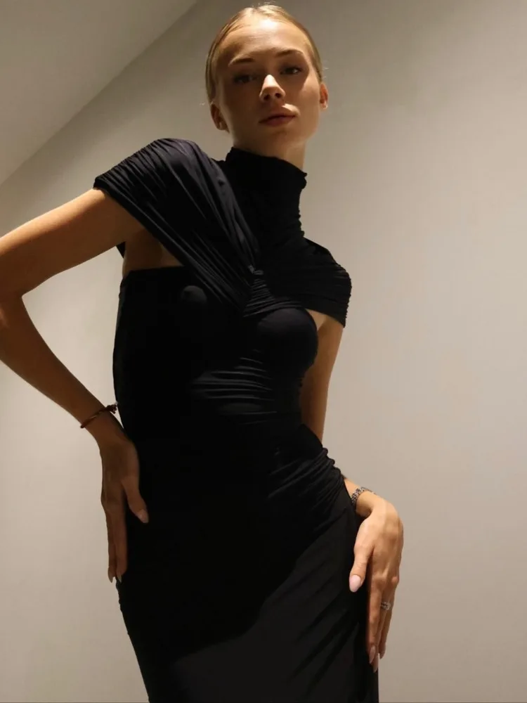 Arctic Cat Elegante Halbarm High Neck Aushöhlen Lange Kleid Frauen Sexy Bodycon Stretch Party Club Abendkleid Neue vestidos