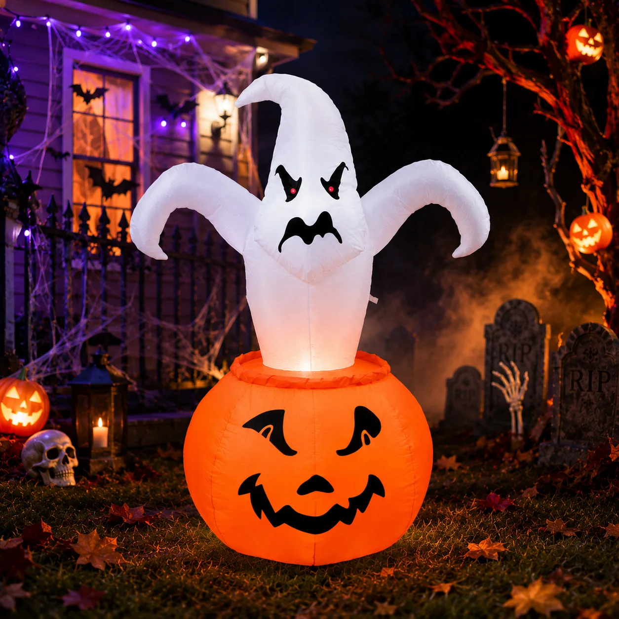 1.8m Light Up White Ghost Pumpkin Inflatable Model A Pair Halloween Outdoor Yard Decor Cross-border Supply