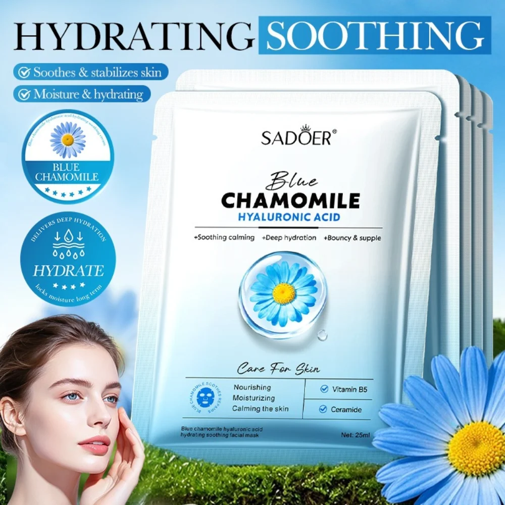 SADOER Blue Chamomile Facial Sheet Mask with Hyaluronic Acid and Panthenol Hydrating Soothing Face Care for Soft and Supple Skin