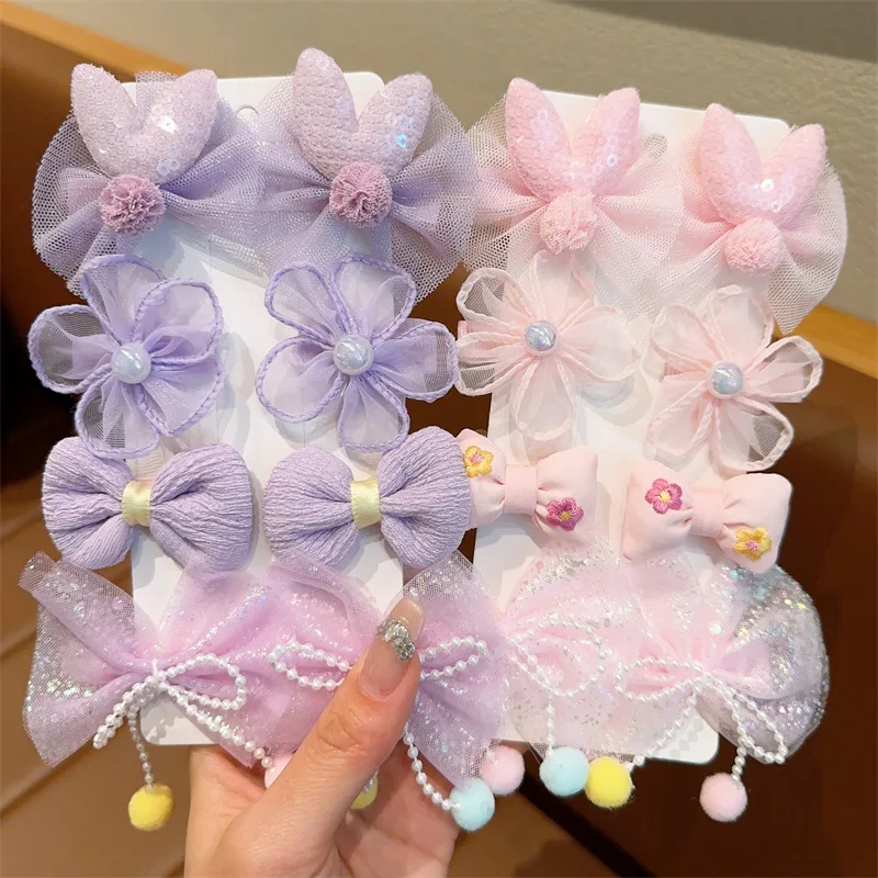 8Pcs/Set Korean Flower Children\'s Hairpin Princess Little Girl Mesh Bow Broken Hair Clips Sweet Cute Kids Barrettes Headdress