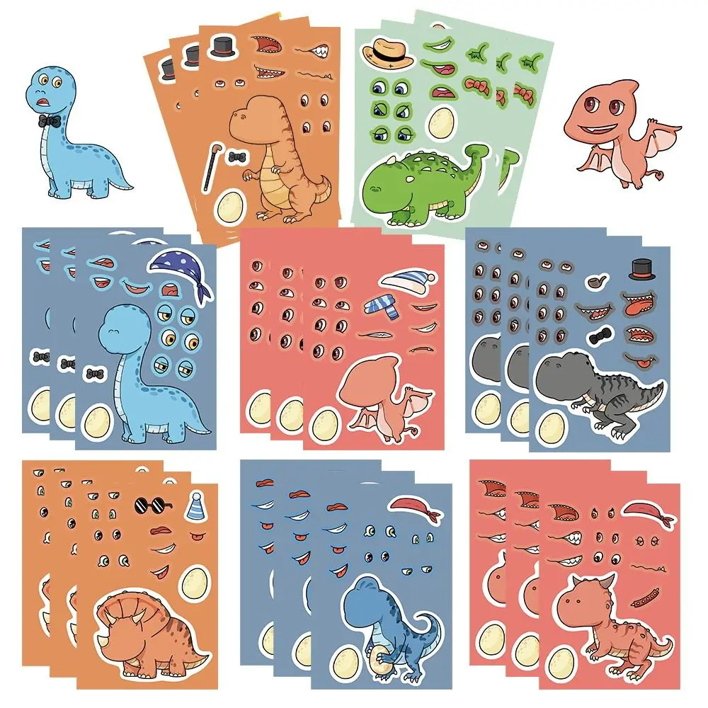 8 Sheets DIY Make-a-Face Dinosaur World Puzzle Stickers Kids Make Your Own Toys Funny Jigsaw Game Boy Girl Birthday Party Gift