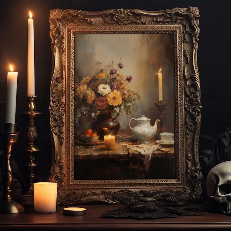 Vintage Dark Academia Candles Bookcase Plants Coffee Cup Posters Prints Canvas Painting Wall Art Pictures for Room Home Decor