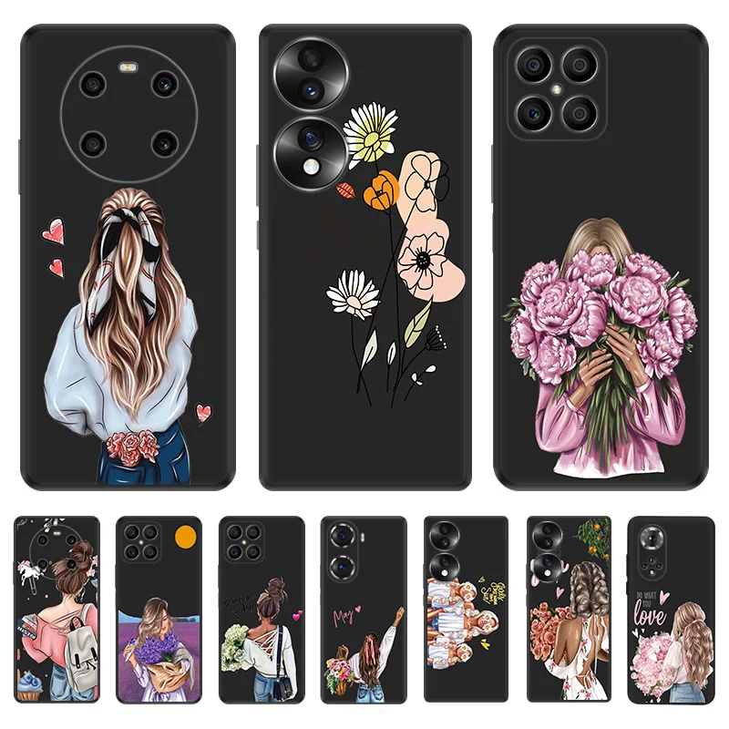 Black Soft Phone Case for Honor Magic5 Pro X7b X8b X9b X6 X7 X8 X9 A 90 70 Chrysanthemum Flower Girl Pixel 6 7 8 6a 7a 8a Cover