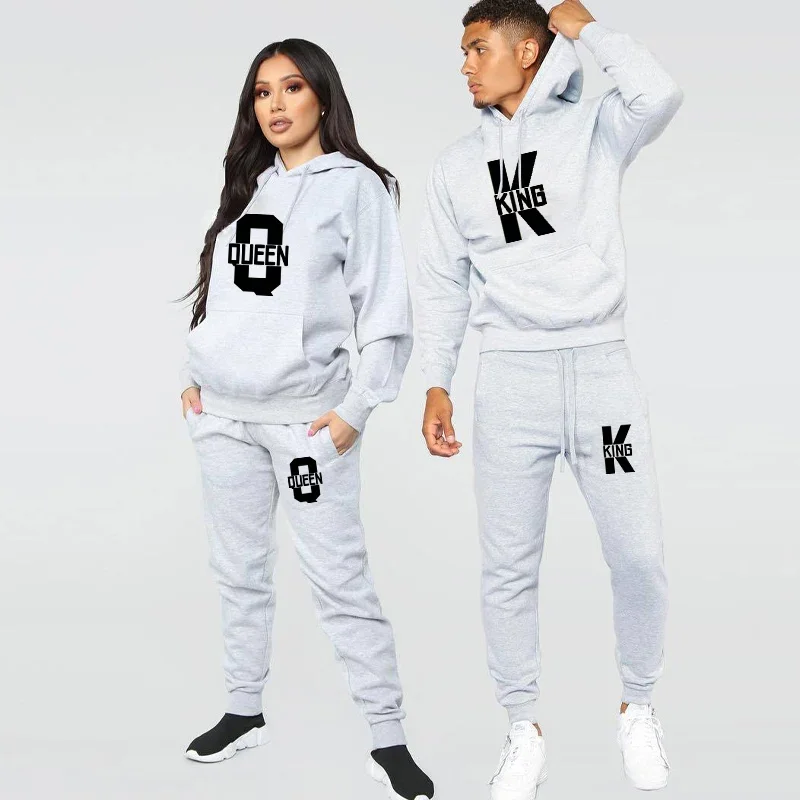 Couple Tracksuit Fashion KING and QUEEN Printed Hooded + Sweatpants 2PCS Set Couple Outdoors Oversize Hoodies Suit