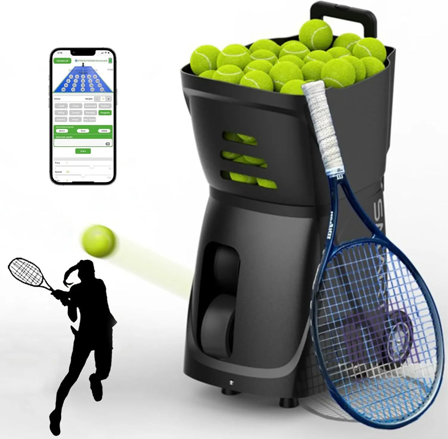

Portable Tennis Ball Server Machine, Tennis Training Machine, Tennis Ball Thrower with App/Remote Control,Red (Black)