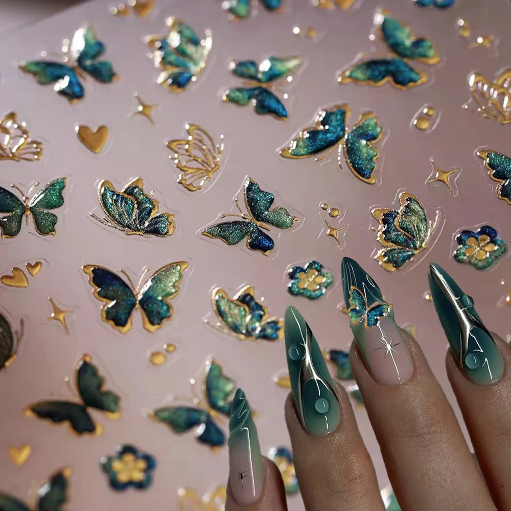 5D Blue Green Gem Butterfly Nail Sticker Bronzing Crystal Jelly Butterfly Self-Adhesive Nail Decals Glitter Butterfly Nail Decor