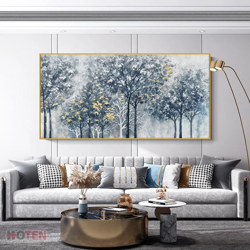 100% Hand Painted Home Decoration Hand Painted Wall Decoration Abstract Gold Leaf Forest Canvas Art Oil Painting