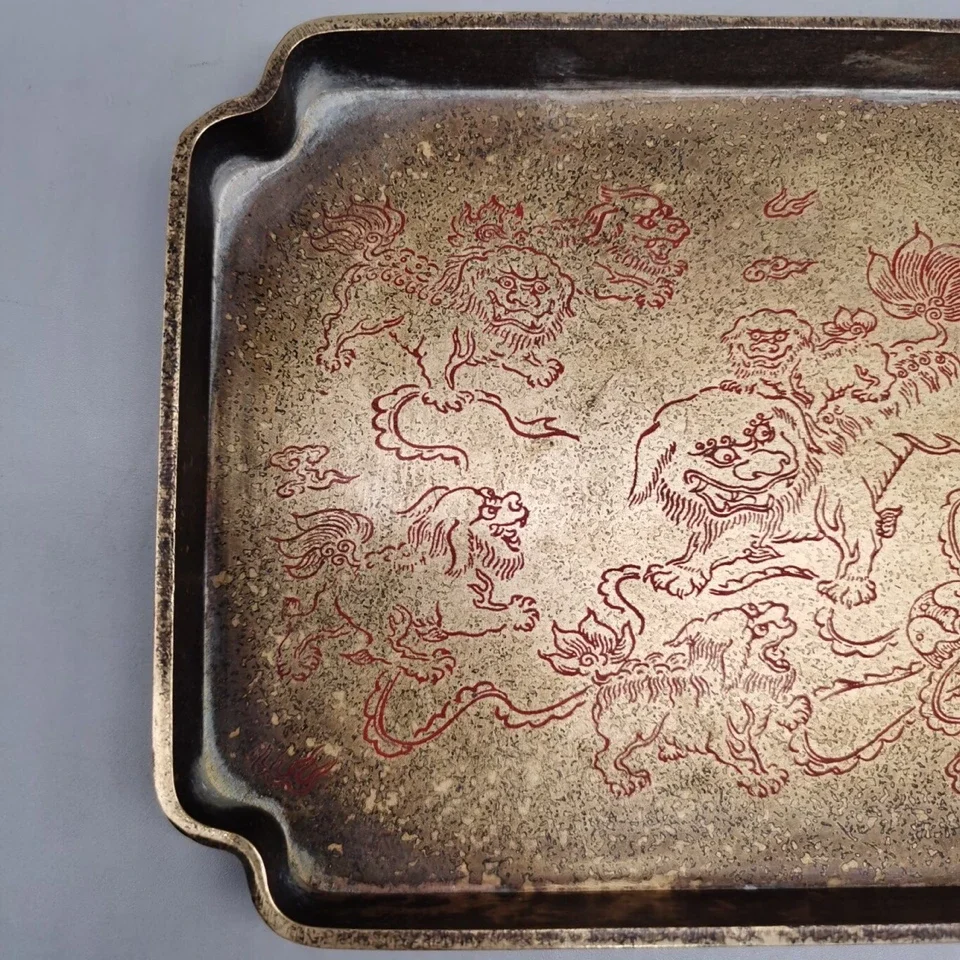 pure copper hand-painted lacquered fruit plate antique antique collection brass prince Shaobao lion copper tea tray ornament