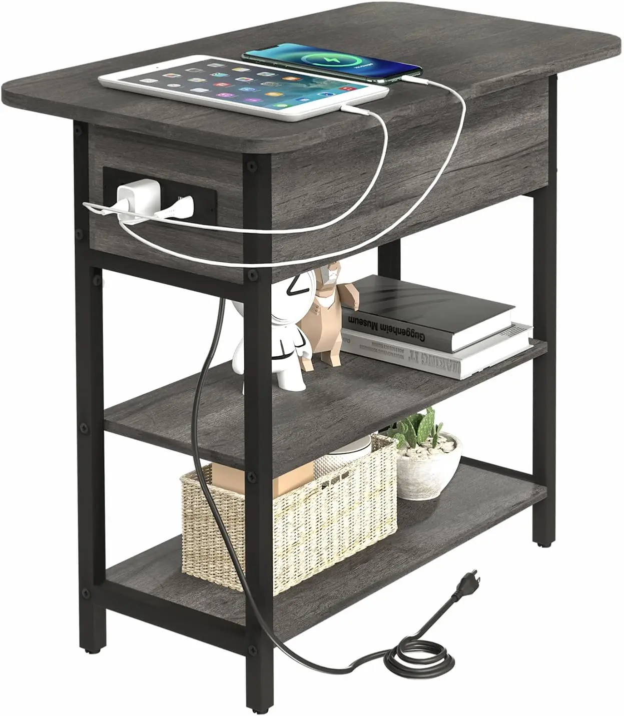 

End Table with Charging Station, Flip Top Side Table with USB Ports and Outlets, Sofa Couch Table Bedside Table for Living Room