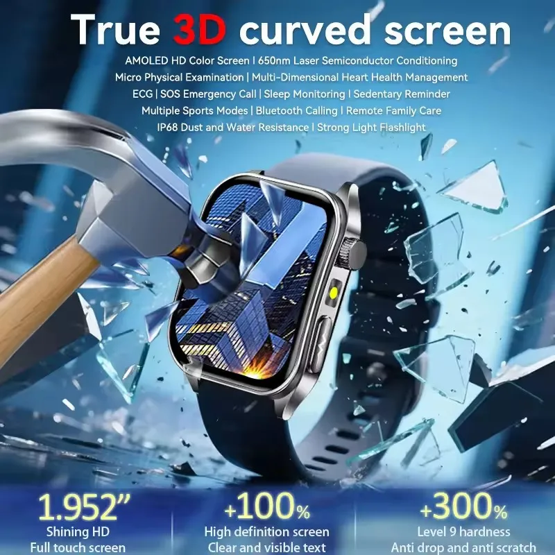 2025New Terapia Laser Salute Smartwatch Schermo in vetro zaffiro ECG + PPG Frequenza cardiaca Lipidi nel sangue Acido urico Smart Watch per uomo Donna