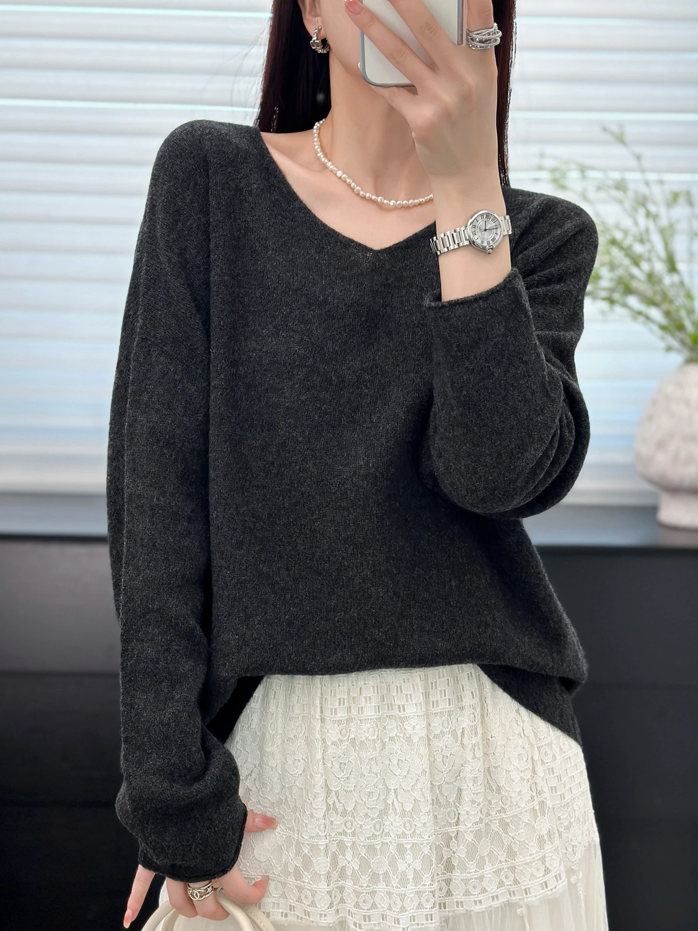 Simple V-neck 100% Pure Wool Pullover Sweater Women's Autumn Winter Soild Loose Lazy Style Long Sleeve Versatile Slimming Top