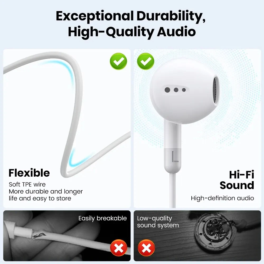 Fones de ouvido com fio com tipo C, fones de ouvido para iPhone 16, 15 Pro Max Plus, Xiaomi Redmi Note 10, 9, 8, 7, Samsung Galaxy S23, S22, 3,5mm