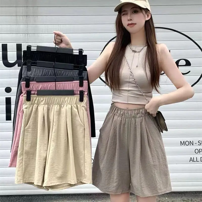 

Summer Women Ice Silk Shorts High Waist Casual Straight Folds Wide Leg Shorts Harajuku Elastic Waist Basic Short Pants