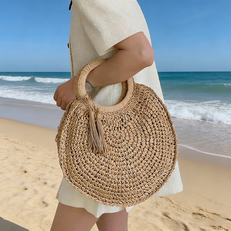 

Женская универсальная плетеная сумка с верхней ручкой, вместительная сумка-тоут для пляжного отдыха, элегантная вечерняя сумка на молнии