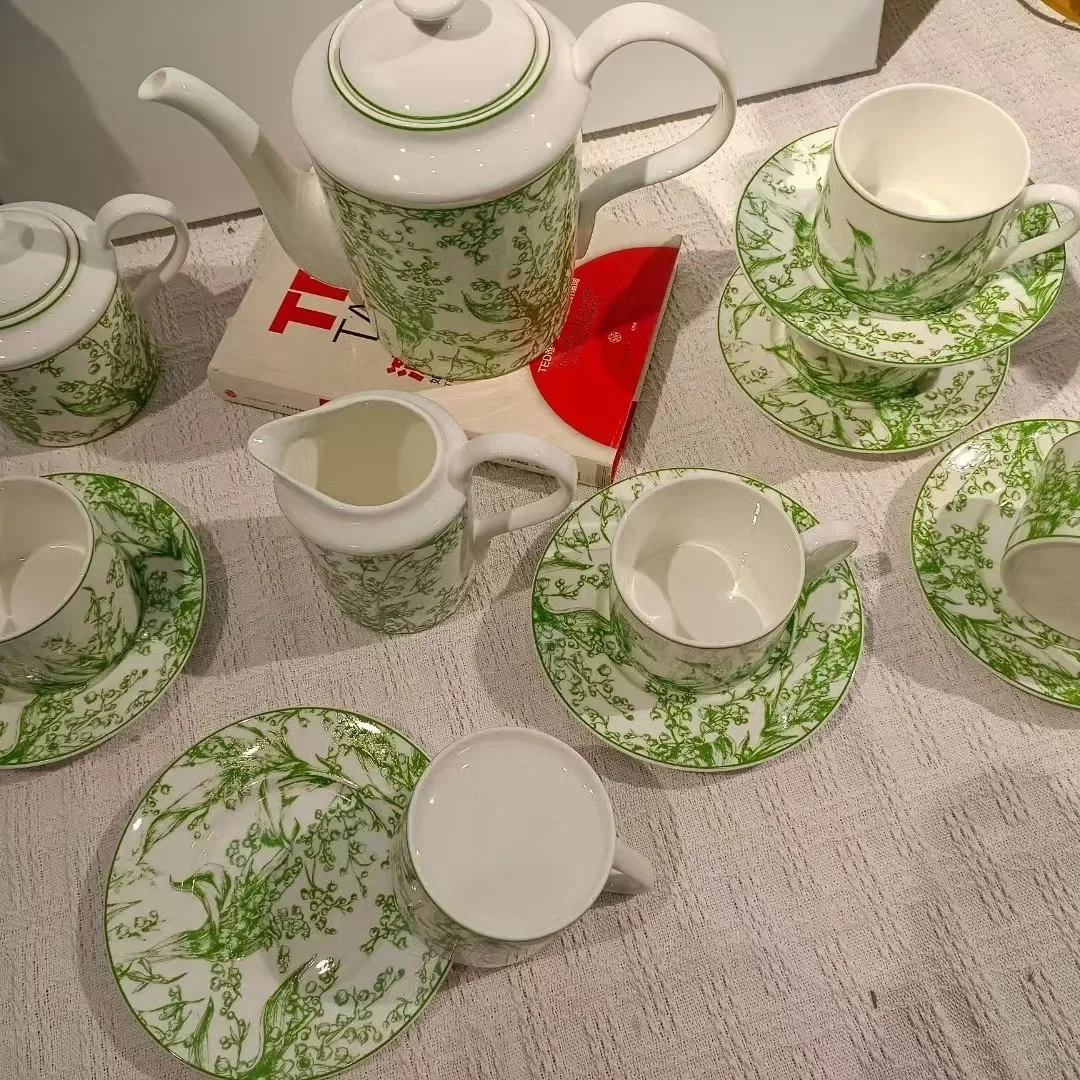 European Style Light Luxury Lily of The Valley Series Bone China Coffee Cup, Dish Pot Combination, 15 Head Coffee Set