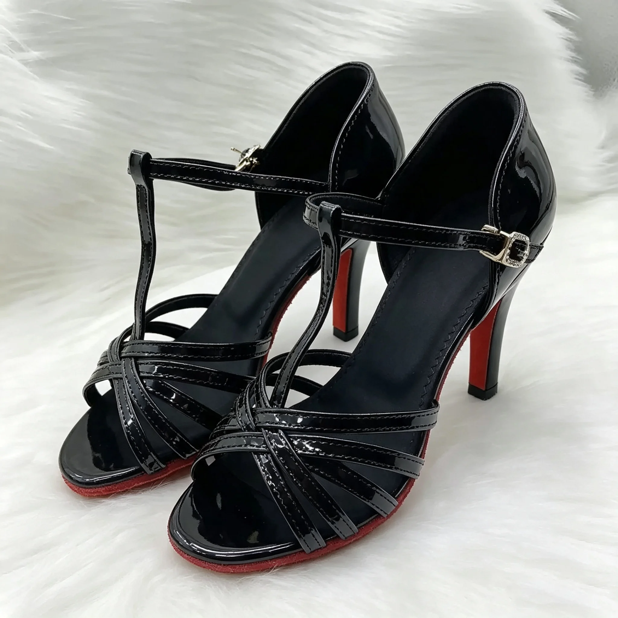 Women's Black PU Latin Dance Shoes with T-Strap Red Sole High Heel Sneaker for Salsa Samba Ballroom Tango Party Dancing Sandals