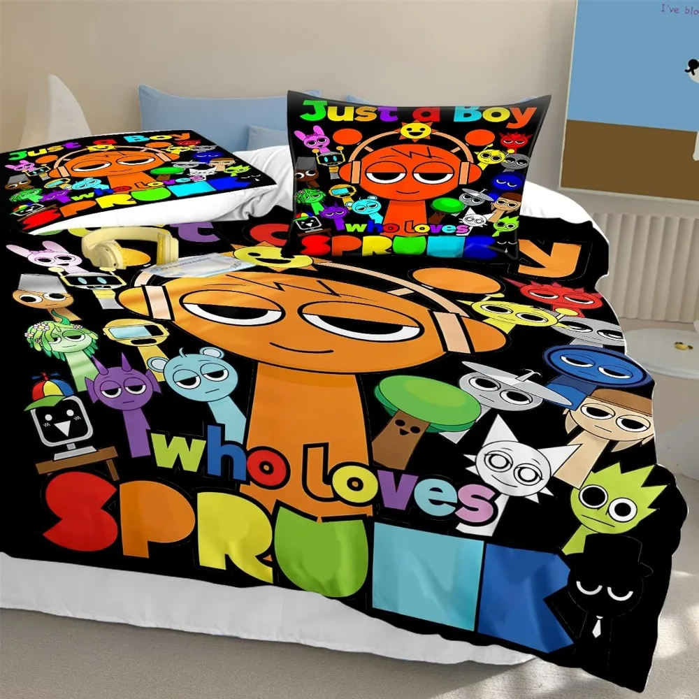 مجموعة غطاء لحاف فردي للأطفال من Sprunki مع كيس وسادتين، غطاء لحاف مقاس 135 × 200 سم مطبوع ثلاثي الأبعاد، هدايا دافئة لمحبي الألعاب