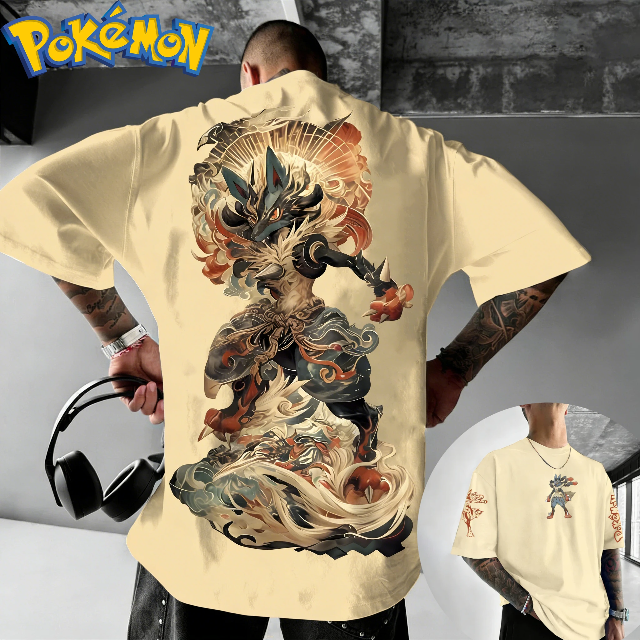 

Новая хлопковая футболка с изображением покемонов и принтом Lucario на спине, синий, черный дизайн с персонажем и эффектами пламени, свободная посадка для мужчин и женщин, повседневная