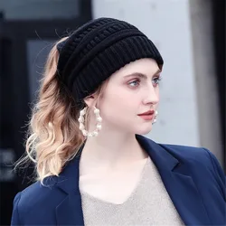 New Women Autumn Winter Ponytail Beanie Hat Solid Color Lady Stretch Knitted Crochet Beanies Hat Cap For Women