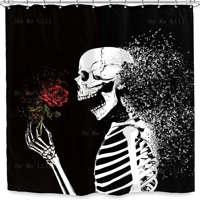 Rose Skull Day Of The Dead Hippie Mexican Floral Shower Curtains Romantic Wedding Bride Groom Endless Halloween Bathroom Decor