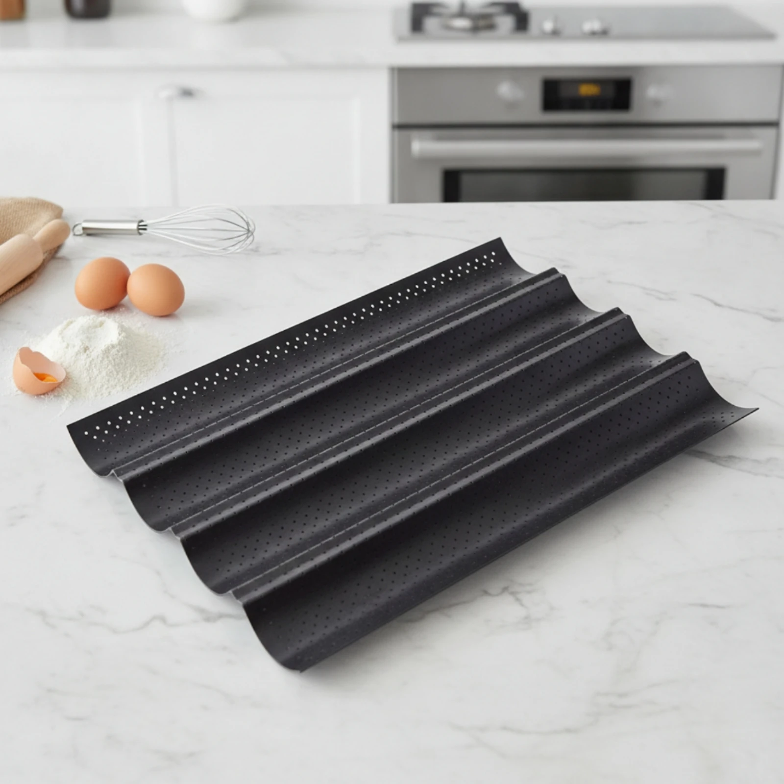 Perforated French Bread Tray with 4 Channels Rectangular French Bread Pan with 4 Channels Bakeware Non-Stick Nonstick for Bakers