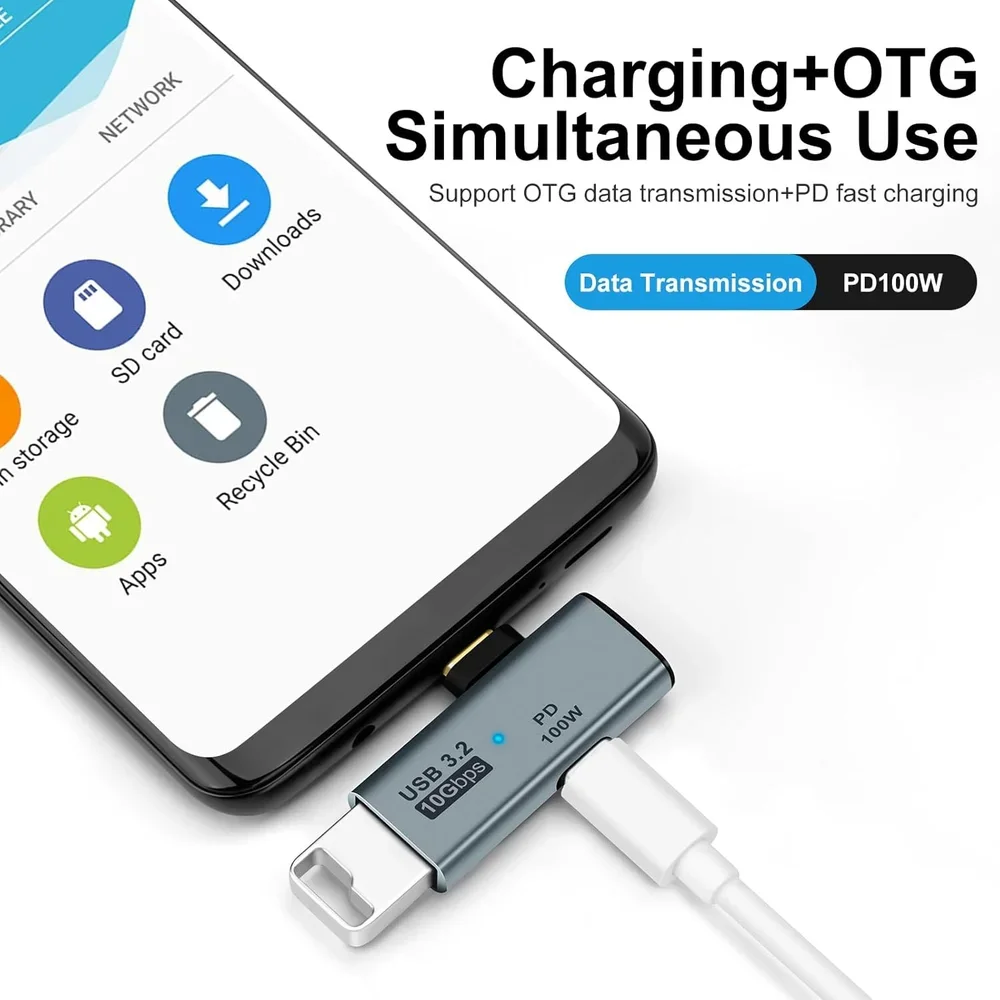 10Gbps USB3.2 Gen2  2-in-1 90° OTG Adapter 100W PD Pass-Through Charging Dongle Support USB Earphone for Laptop Phone Tablet