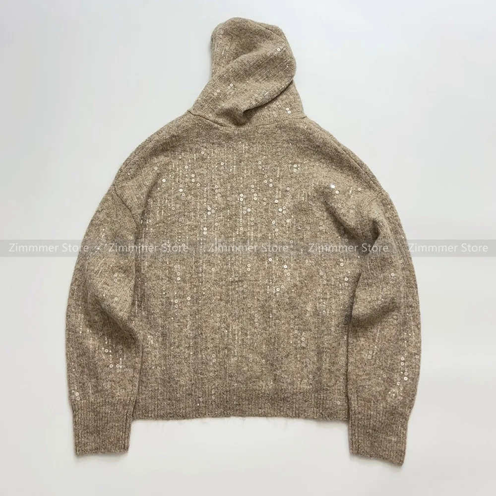Fashion Women\'s 24 Autumn and Winter Mohair Blend Hooded Zip Cardigan Heavy Duty Beaded Embroidery Jacket