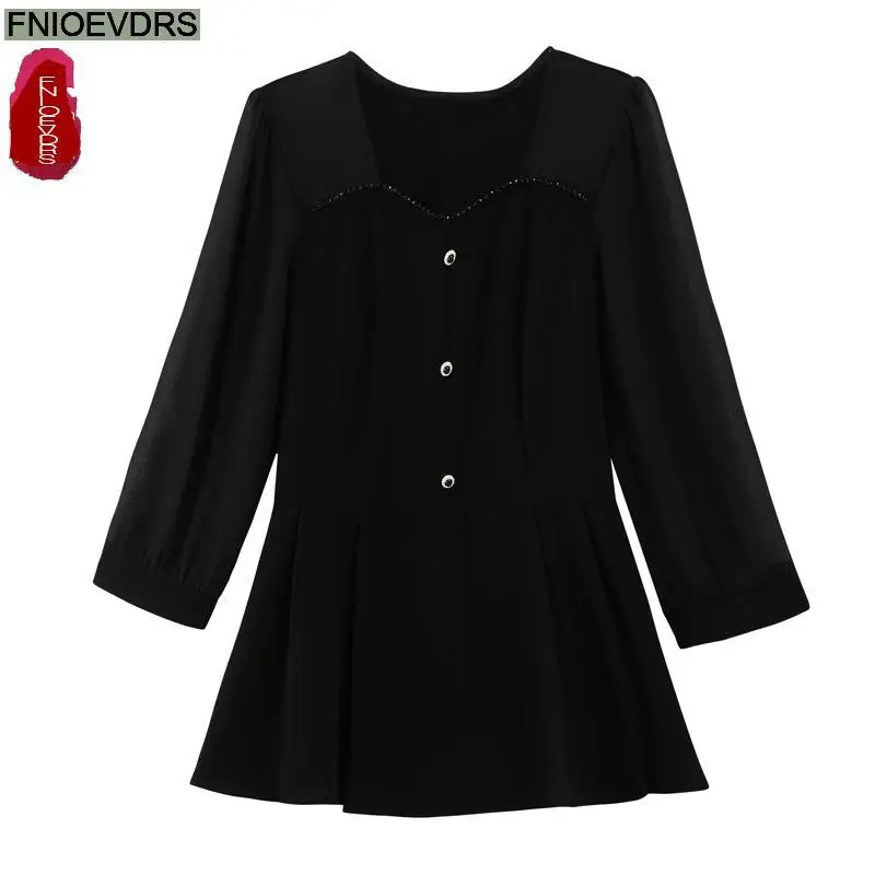 Square Neck Top 2024 Office Women European Fashion Elegant Button Sheer Black Shirt Casual Tunic Belly Peplum Tops And Blouses