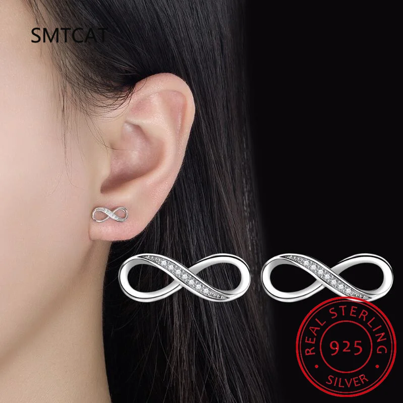 925 Sterling Silver Infinity Symbol Stud Earrings for Women Dazzling CZ Stone Geometric Earrings Jewelry Gift BSE542