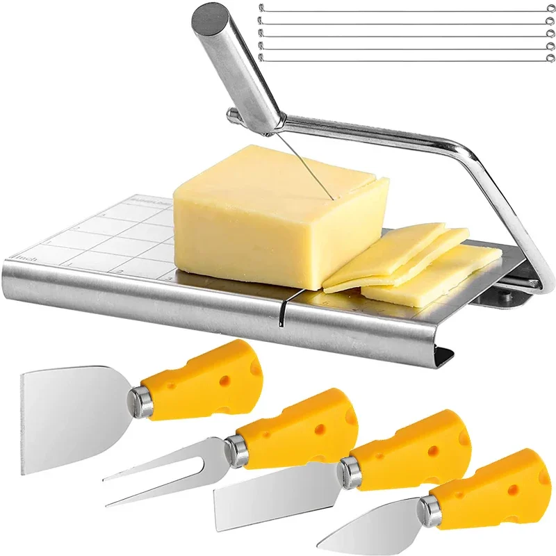 10pcs Cheese Slicer Kit Cutting Board with 5 Wires Cheese Knifes Stainless Steel Butter Cliser Wires for Kitchen Cheese Tools