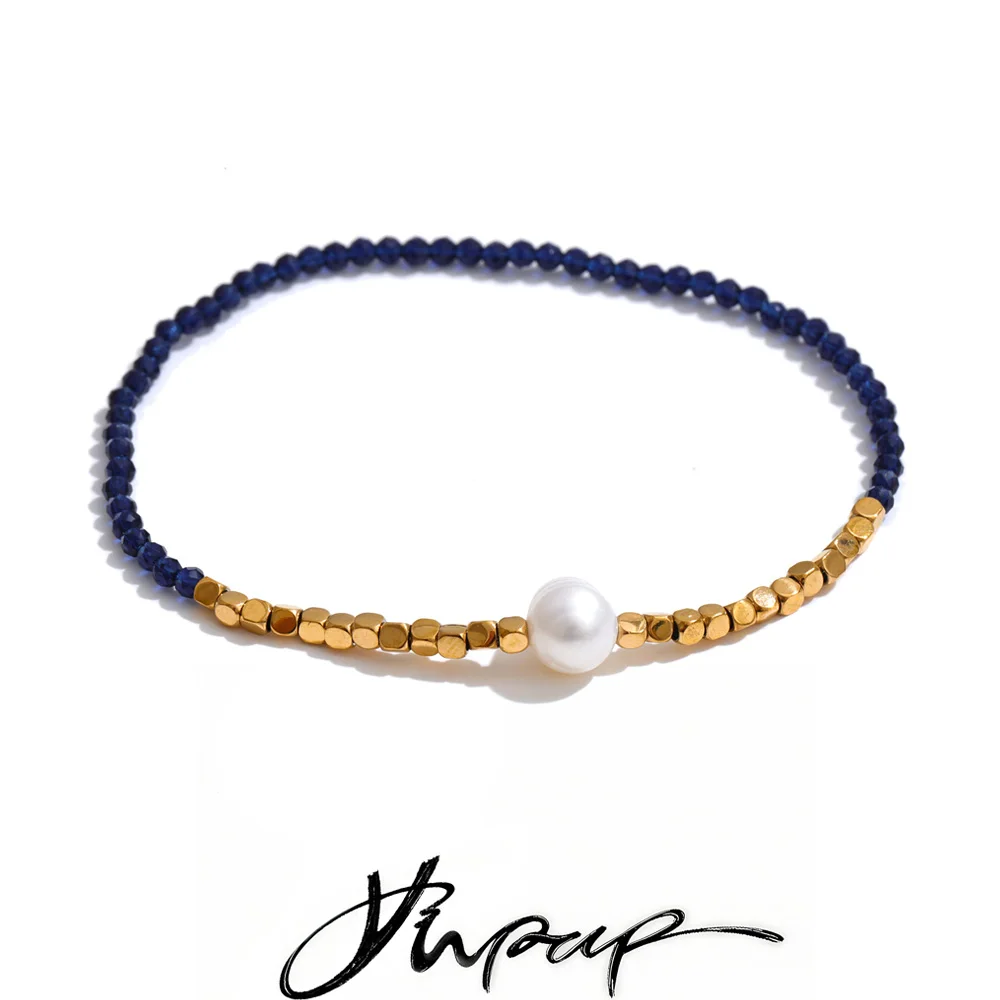 Yhpup Stainless Steel Crystal Natural Pearl Chain Handmade Elasticity Bracelet Bangle Trending Daily Wrist Jewelry