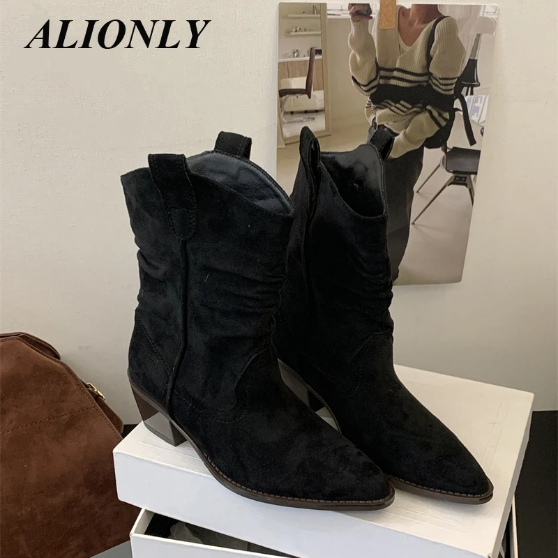 

Alionly 2026 New Pointed Toe Women Ankle Boots Fashion Zipper Thin Heels Shoes Autumn Winter Short Booties
