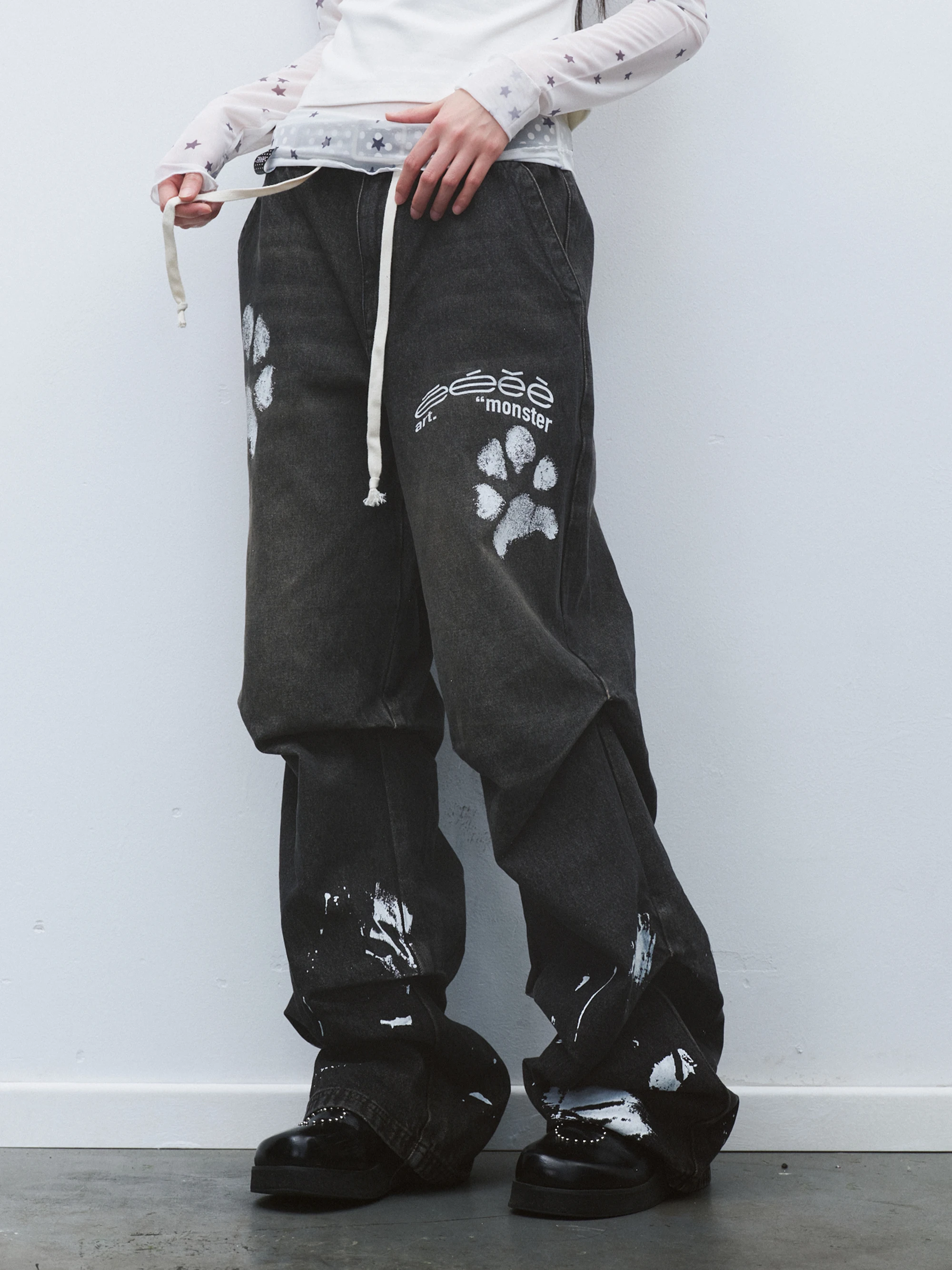 Small Dog Ink Treasure Drawstring Pleated Denim Pants Brushed Claw Print Straight Leg Long Trousers Unique Design Sensation