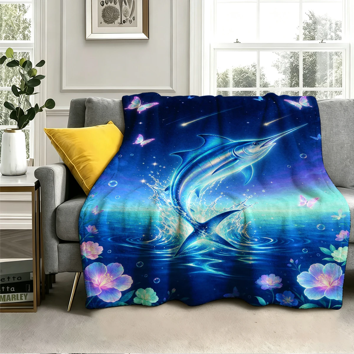 Neon Marlin Meteor Ocean Flannel Blanket Warm Soft Halloween Christmas Decorative Couch Warm Cozy All-Season Gift