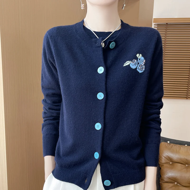 

Women's Cardigan Autumn/Winter 100% Pure Wool Sweater Thickened Casual Embroidery Knitted Round Neck Loose Tops Basic Blouse