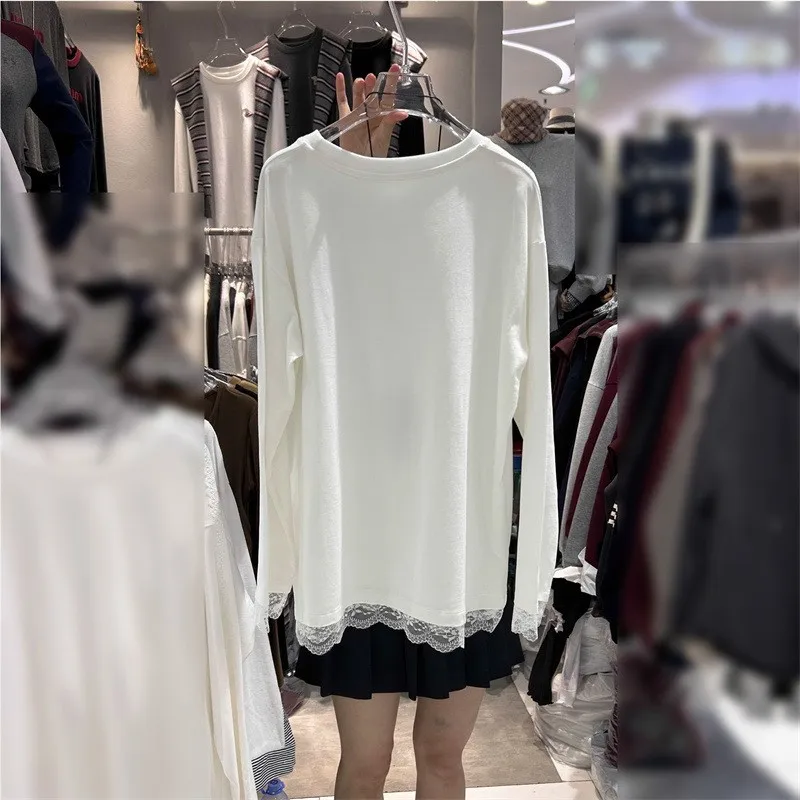 Women Clothes Tops Longsleeve Solid Color Blouse Lace Trim Hem Oversized Fit Long Sleeve T-shirt Round Neck Casual Blouse view 2