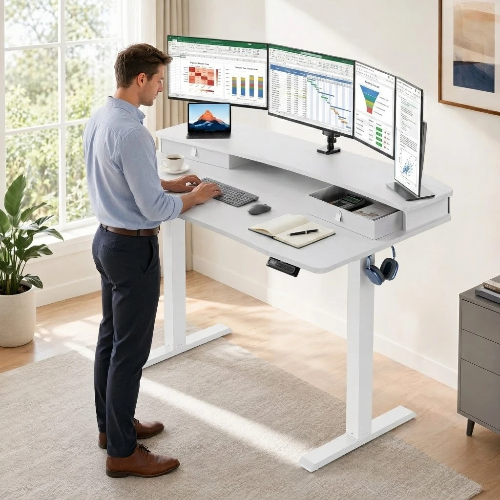 55' X 26' Electric Standing Desk with 2 Drawers, C-Clamp Mount Compatible, Height Adjustable Computer Desk, Home Office Stand Up Desk with 4 Preset Heights & 2 Hooks