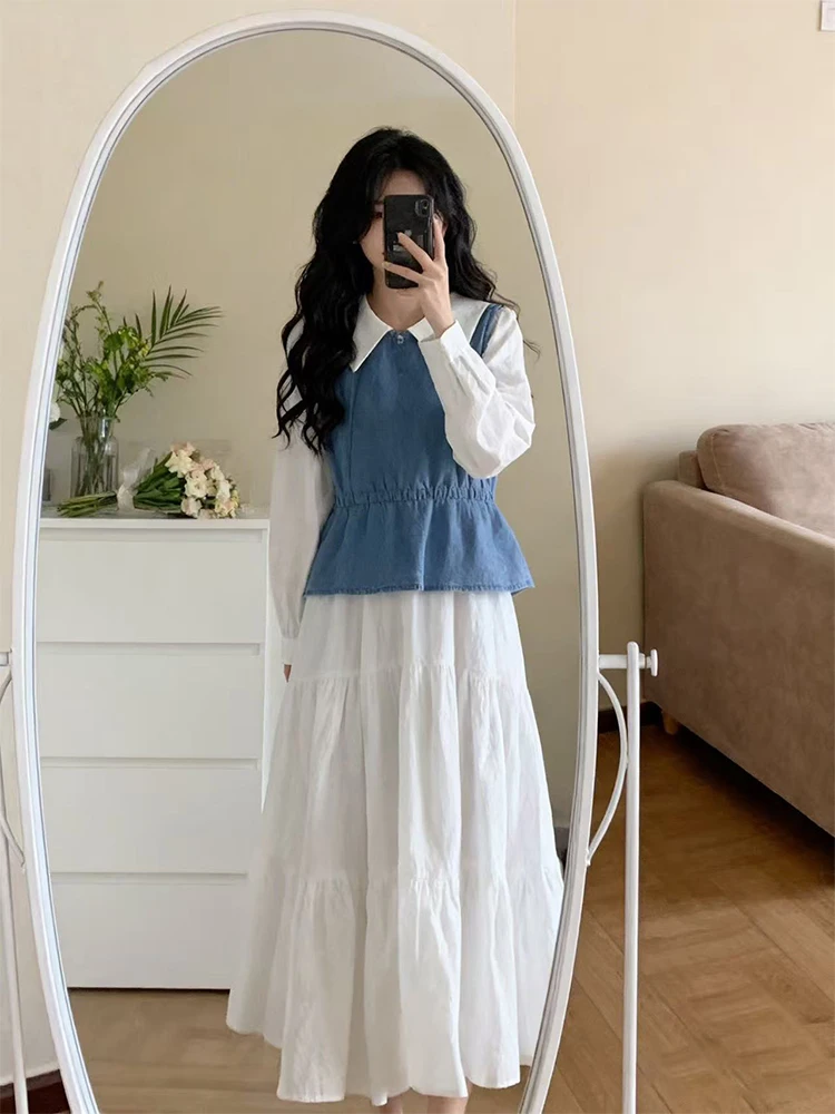 

Blue Vest irt Dr Set Women's Spring Summer Design Slimming Dr Two-Piece Set High Waist Long Skirt Long Sve Leather