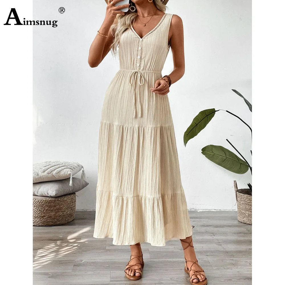 2025 여성 민소매 보헤미안 레이스 솔리드 시스루 드레스 신상 여름 롱 맥시 드레스 여성 캐주얼 심플 V넥 비치 드레스