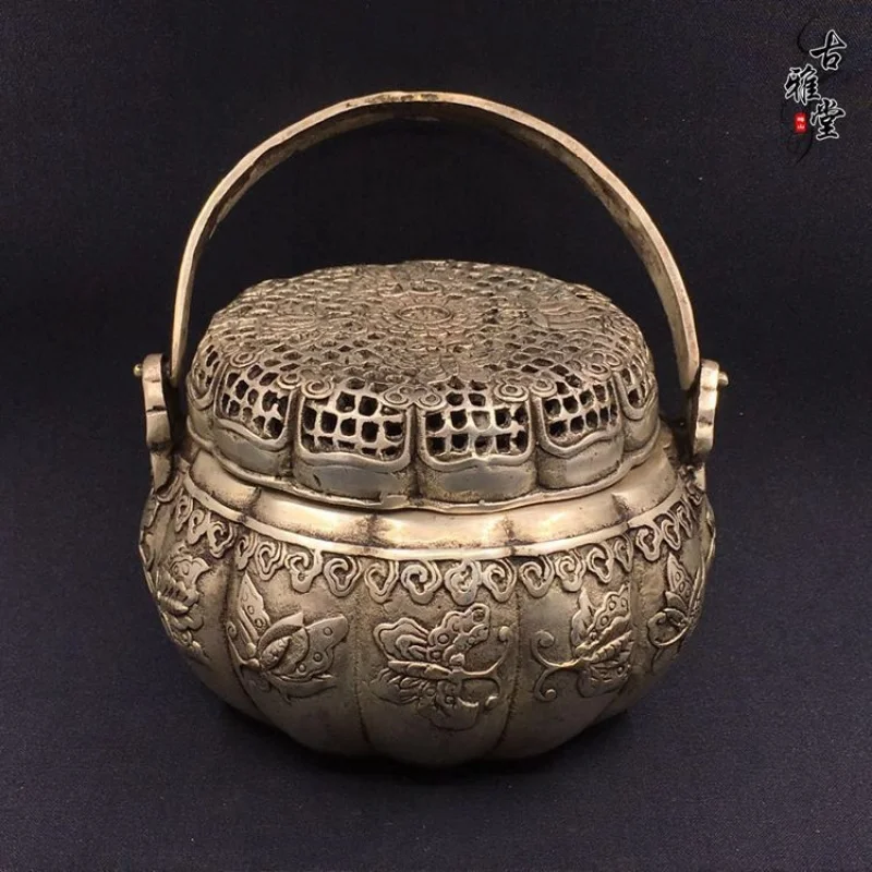 Antique-style large white with handle, finely carved patterned incense burner, portable copper jar, Xuan D