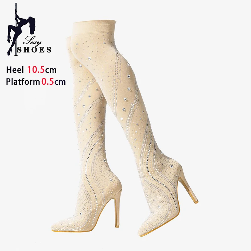 Slim Leg Long Boots Women Pointed Toe Stiletto Heels Bling Rhinestone Model Catwalk Shoes Lady Over-the-Knee Stretch Sock Boots