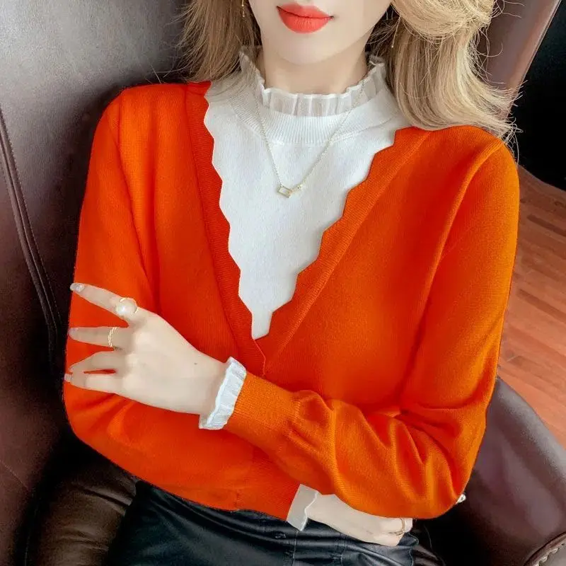 2022 Autumn Knitted Sweater Fake Two Piece Splicing Bottom Women\'s Long Sleeve Top Fashionable Versatile and Stylish