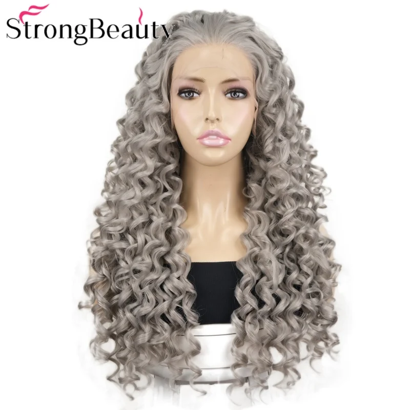 

StrongBeauty Длинные синтетические вьющиеся парики на шнуровке спереди Серые волосы Натуральный женский парик