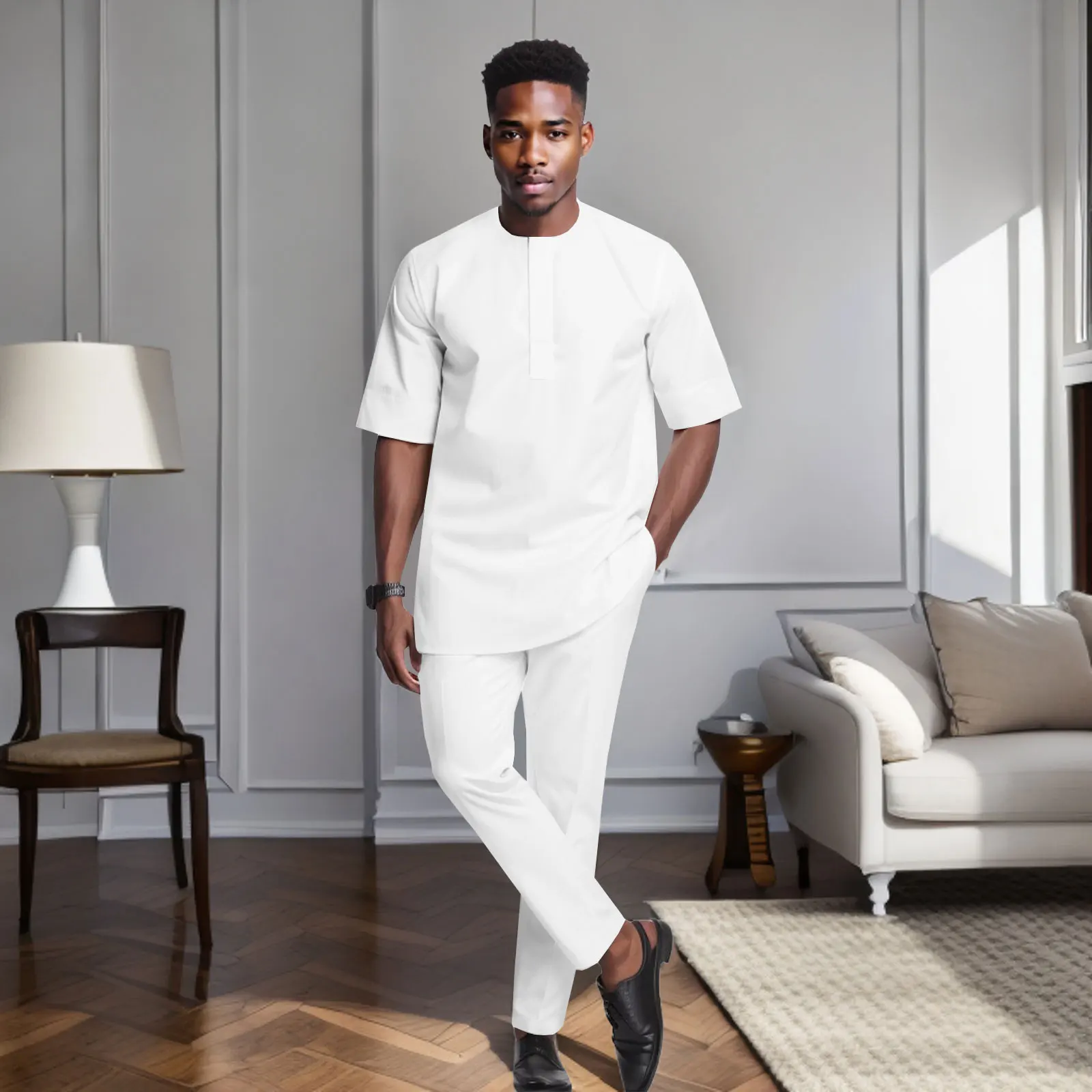 DBQ African Clothes for Men Soild Color Short Sleeve Shirts Jacket Pants Set Plus Size Casual Outwear Traditional BD172