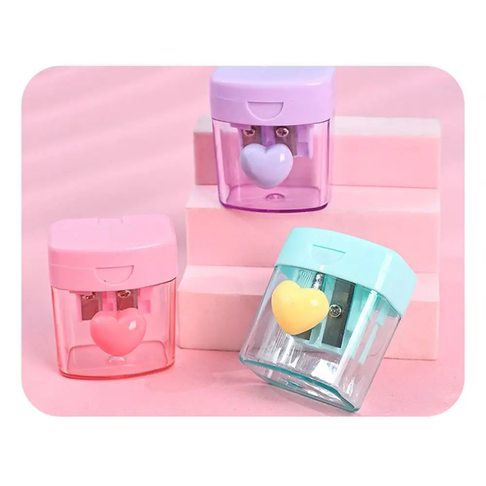 Portable 1/2 Holes Pencil Sharping Tools Transparent Sketching Pencil Sharpener Heart With Cover Pencil Cutter School Supplies