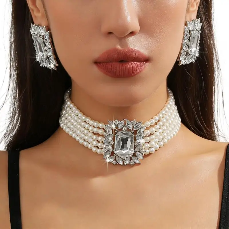 CORD Glamourous Faux Pearls Necklace And Geometric Crystal Earrings Jewelry Set